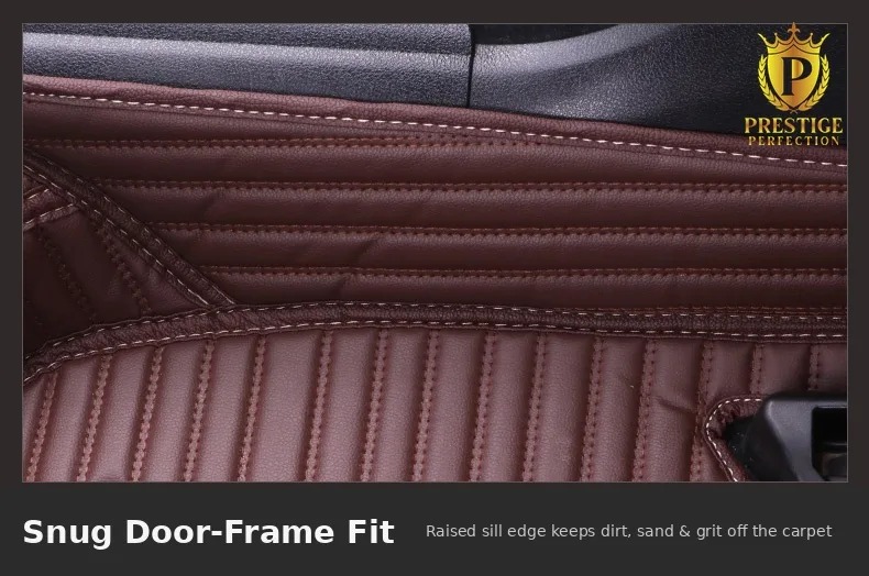 Raised leather sill edge of a Sovereign Series mat following the door frame of a car to keep dirt and grit off the carpet