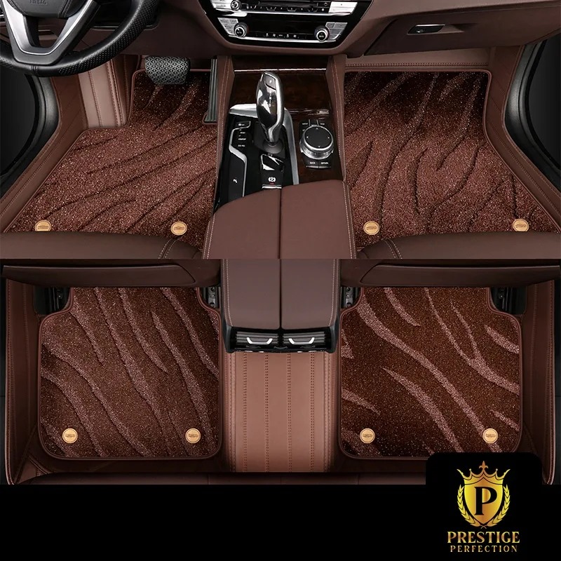 Onyx Brown custom car floor mats in chocolate wave-textured carpet with a matching brown leather surround, fitted front and rear