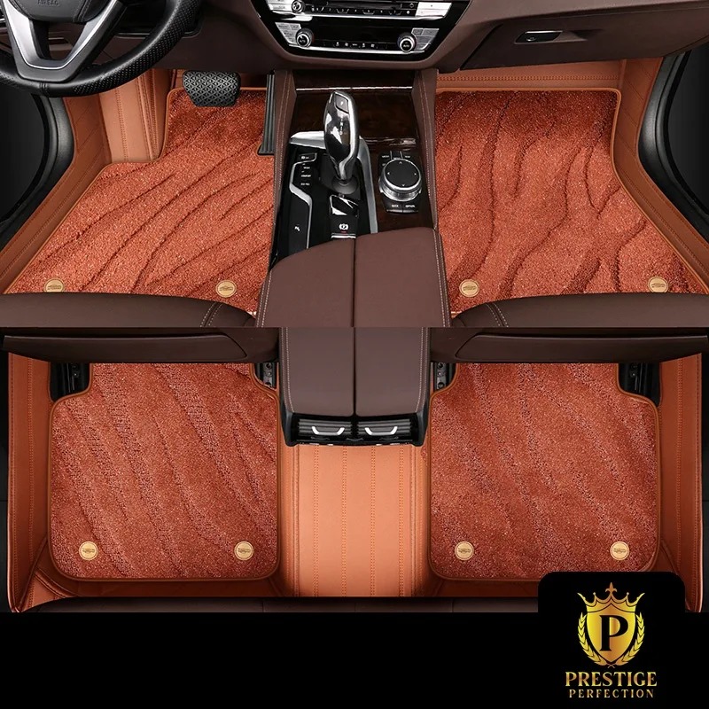 Onyx Caramel custom car floor mats in burnt-caramel wave-textured carpet with a tan leather surround, fitted front and rear