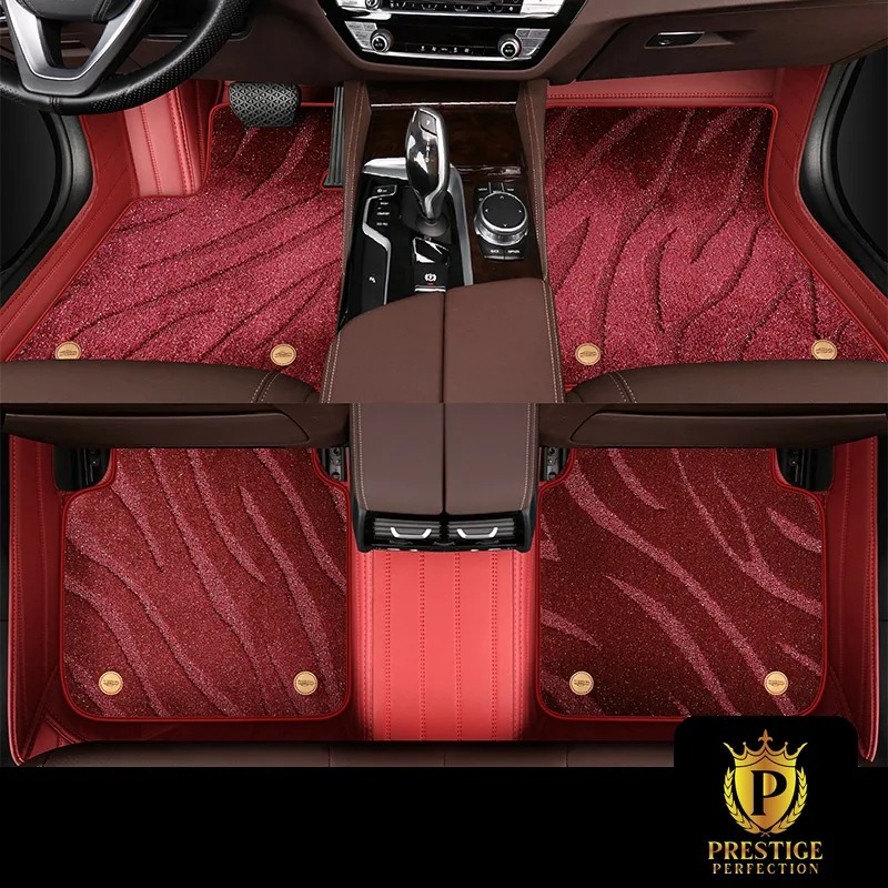 Onyx Crimson custom car floor mats in deep wine-red wave-textured carpet with a matching red leather surround, fitted front and rear