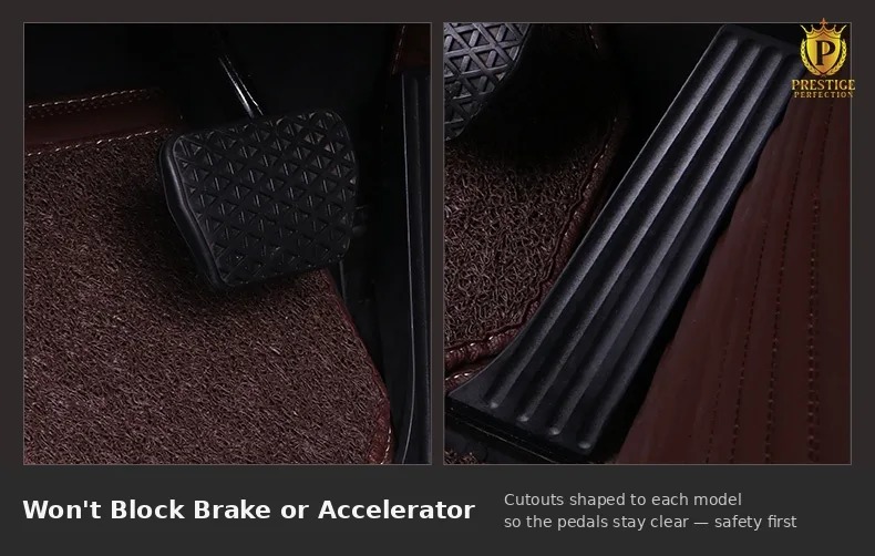 Two views of a Sovereign Series driver mat cut away around the brake and accelerator pedals so both stay completely clear