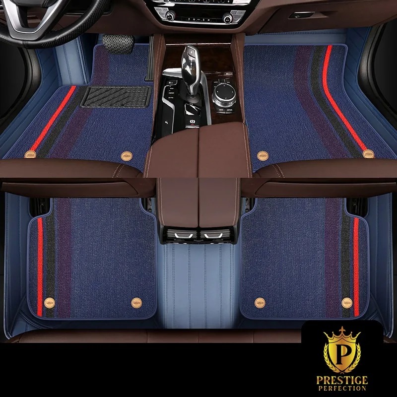 Riviera Monaco custom car floor mats in navy blue carpet with a red and black racing stripe, fitted across the front and rear footwells