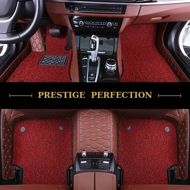 Sovereign Claret custom car floor mats in deep wine-red coil carpet with brown leather edging, fitted across the front and rear footwells