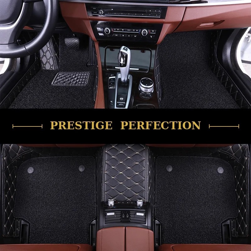 Sovereign Ebony custom car floor mats in black coil carpet with black leather edging and cream stitching, fitted front and rear