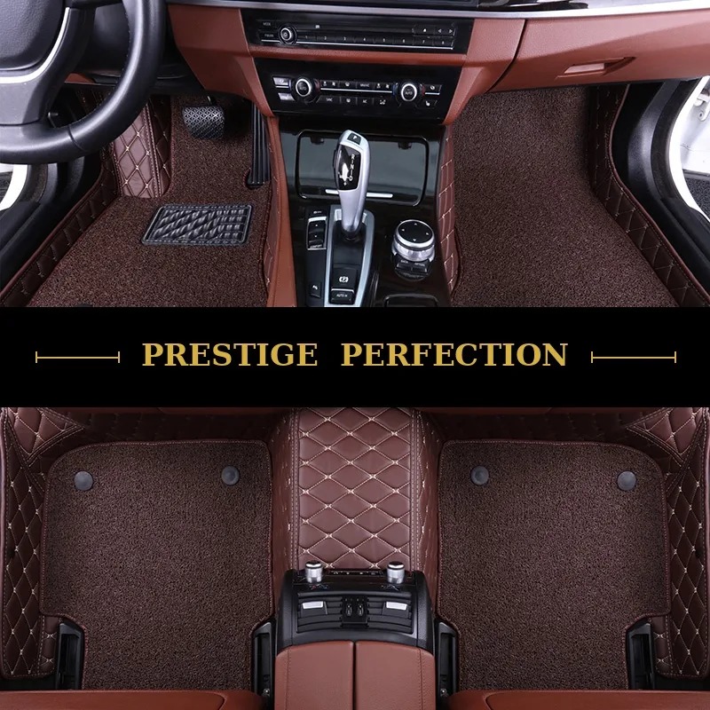 Sovereign Espresso custom car floor mats in dark coffee-brown coil carpet with matching brown leather edging, fitted front and rear