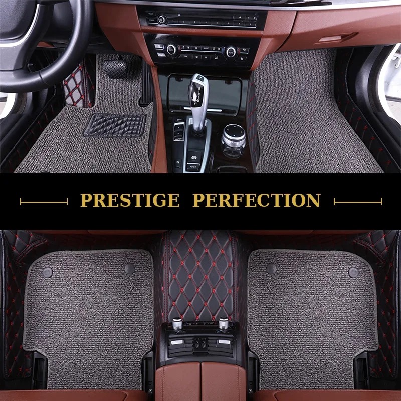 Sovereign Flint custom car floor mats in grey coil carpet with black leather edging and red contrast stitching, fitted front and rear