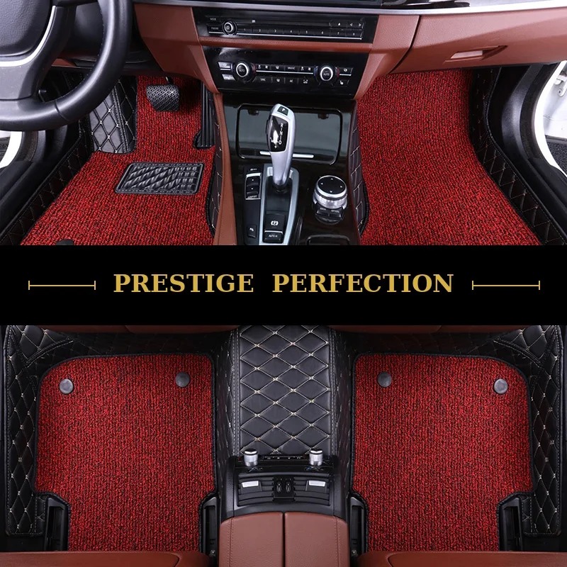 Sovereign Rosso custom car floor mats in bright red coil carpet with black leather edging and cream stitching, fitted front and rear