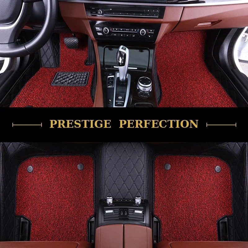 Sovereign Scarlet custom car floor mats in scarlet red coil carpet with black leather edging, fitted across the front and rear footwells